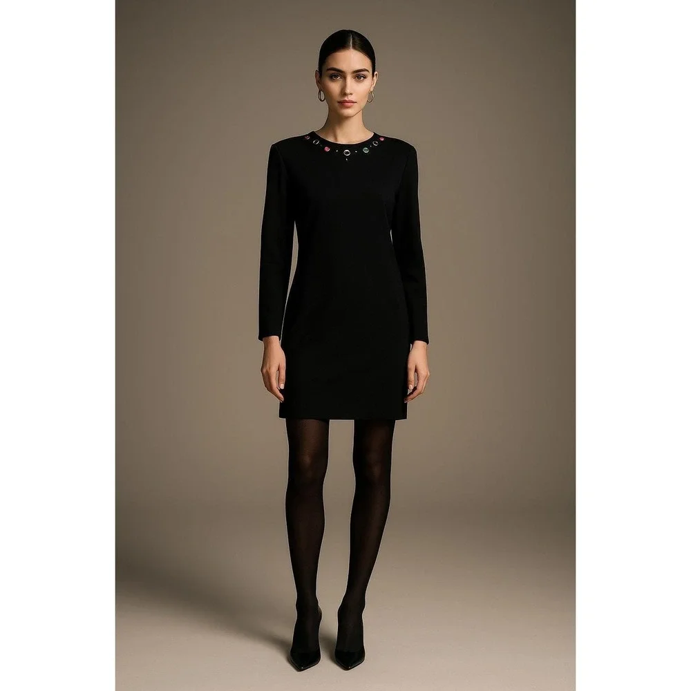 Vintage Black Long Sleeve Embellished‎ Neckline Dress Women Large Zipper Front - Picture 12 of 13